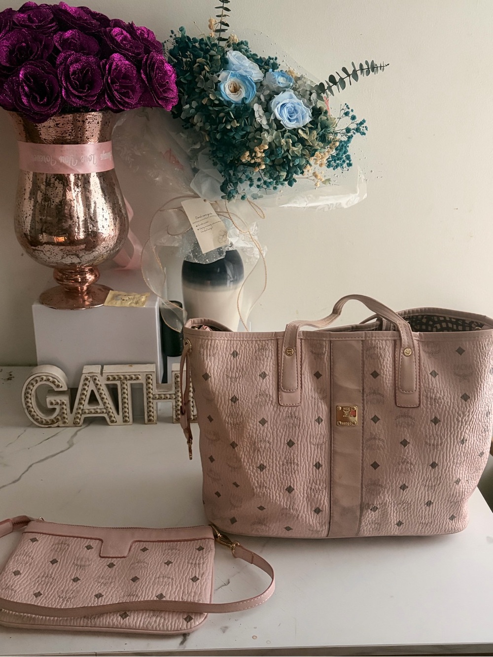 MCM Pink Monogram Tote with Matching Wristlet - Picture 3 of 6
